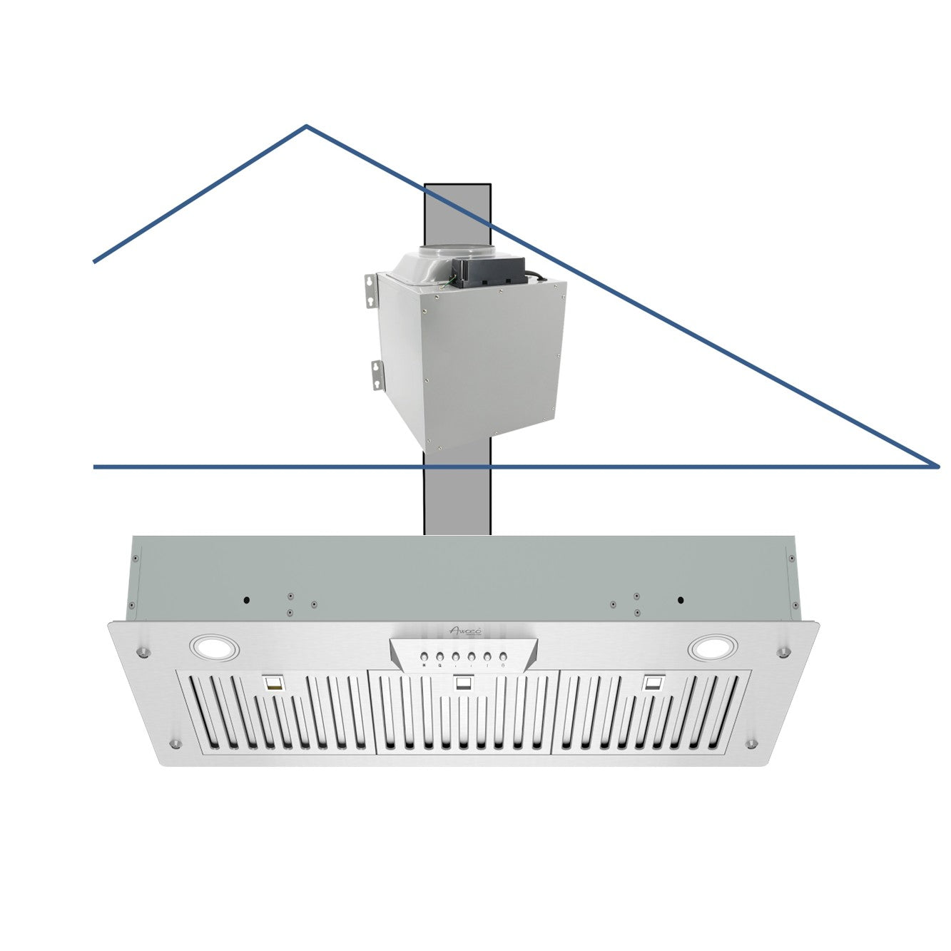 Awoco RH-IT08-M 14-1/2"D Super Quiet Split Insert Stainless Steel Range Hood, 4 Speeds with a 8" Blower Unit, 1000CFM, LED Lights