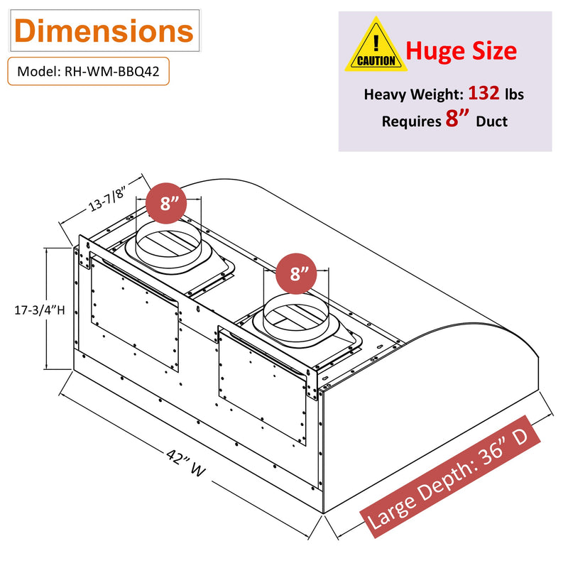 Awoco 42" Outdoor BBQ Vent Hood 18" High Type 304 Stainless Steel, 4 Speeds 2000 CFM, Dual Blowers, Adjustable LED Lights, 8” Round Top Vent
