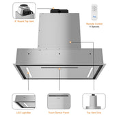 Awoco RH-BQ08-CR Flush Ceiling Mount Insert Island Range Hood, Stainless Steel 4 Speeds 1000 CFM, 8” Round Vent LED Lights Remote Control