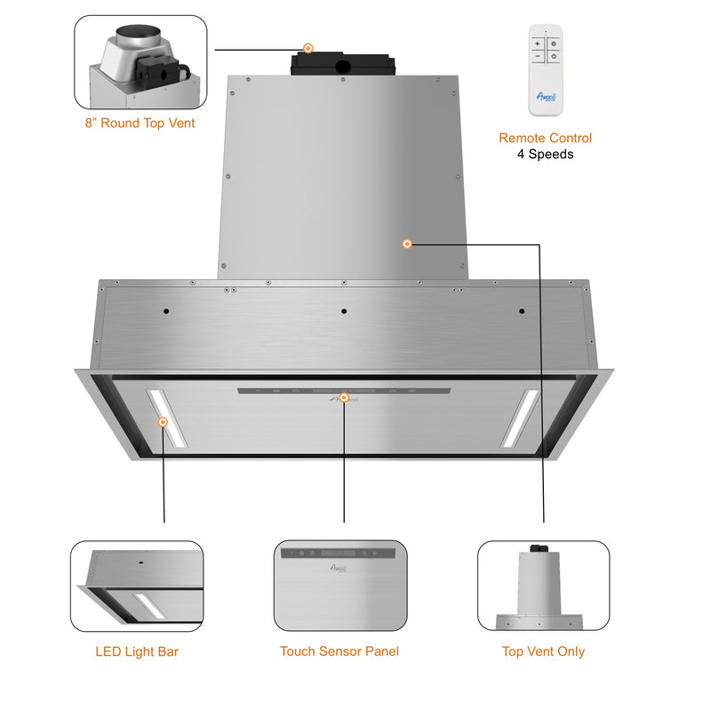 Awoco RH-BQ08-CR Flush Ceiling Mount Insert Island Range Hood, Stainless Steel 4 Speeds 1000 CFM, 8” Round Vent LED Lights Remote Control