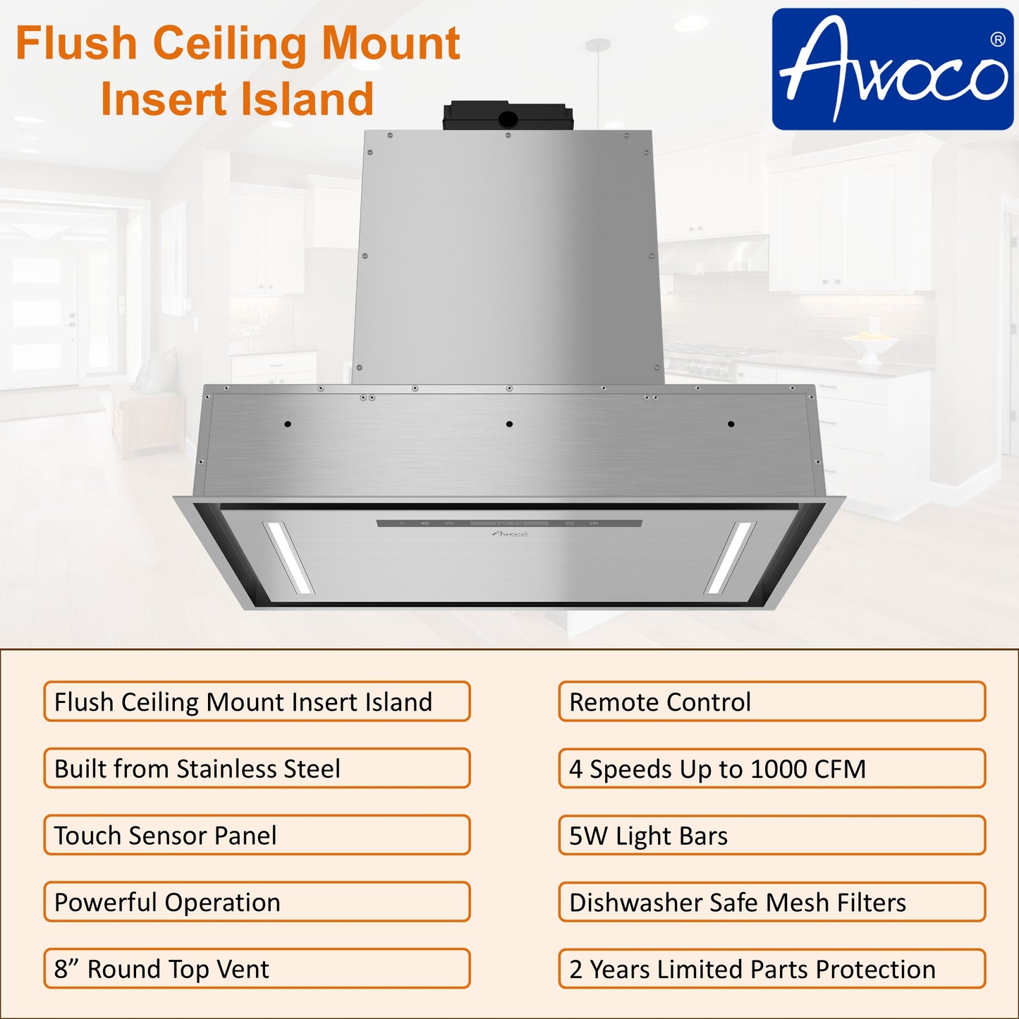 Awoco RH-BQ08-CR Flush Ceiling Mount Insert Island Range Hood, Stainless Steel 4 Speeds 1000 CFM, 8” Round Vent LED Lights Remote Control