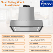 Awoco RH-BQ08-CR Flush Ceiling Mount Insert Island Range Hood, Stainless Steel 4 Speeds 1000 CFM, 8” Round Vent LED Lights Remote Control