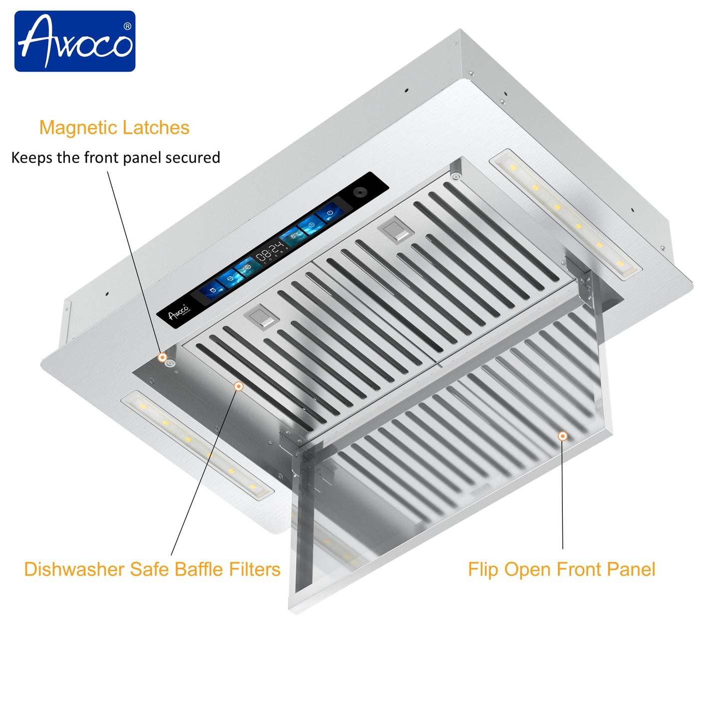 Awoco RH-IT08-GV 18.5”D Flush Ceiling Mount Split Insert Range Hood with Voice, Gesture, Touch, Remote Controls, 4-Speed 1000 CFM Stainless Steel Hood with 8” Round Vent LED Lights