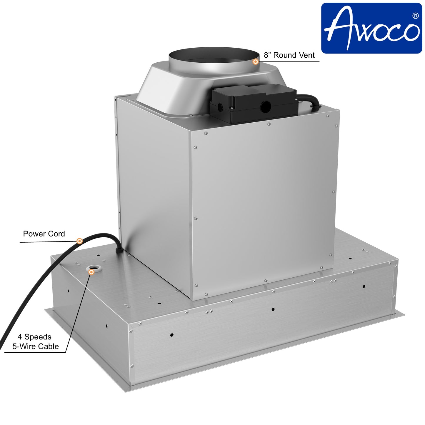 Awoco RH-BQ08-CR Flush Ceiling Mount Insert Island Range Hood, Stainless Steel 4 Speeds 1000 CFM, 8” Round Vent LED Lights Remote Control