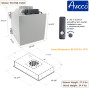 Awoco RH-IT08-GV 18.5”D Flush Ceiling Mount Split Insert Range Hood with Voice, Gesture, Touch, Remote Controls, 4-Speed 1000 CFM Stainless Steel Hood with 8” Round Vent LED Lights