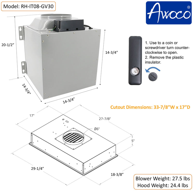 Awoco RH-IT08-GV 18.5”D Flush Ceiling Mount Split Insert Range Hood with Voice, Gesture, Touch, Remote Controls, 4-Speed 1000 CFM Stainless Steel Hood with 8” Round Vent LED Lights