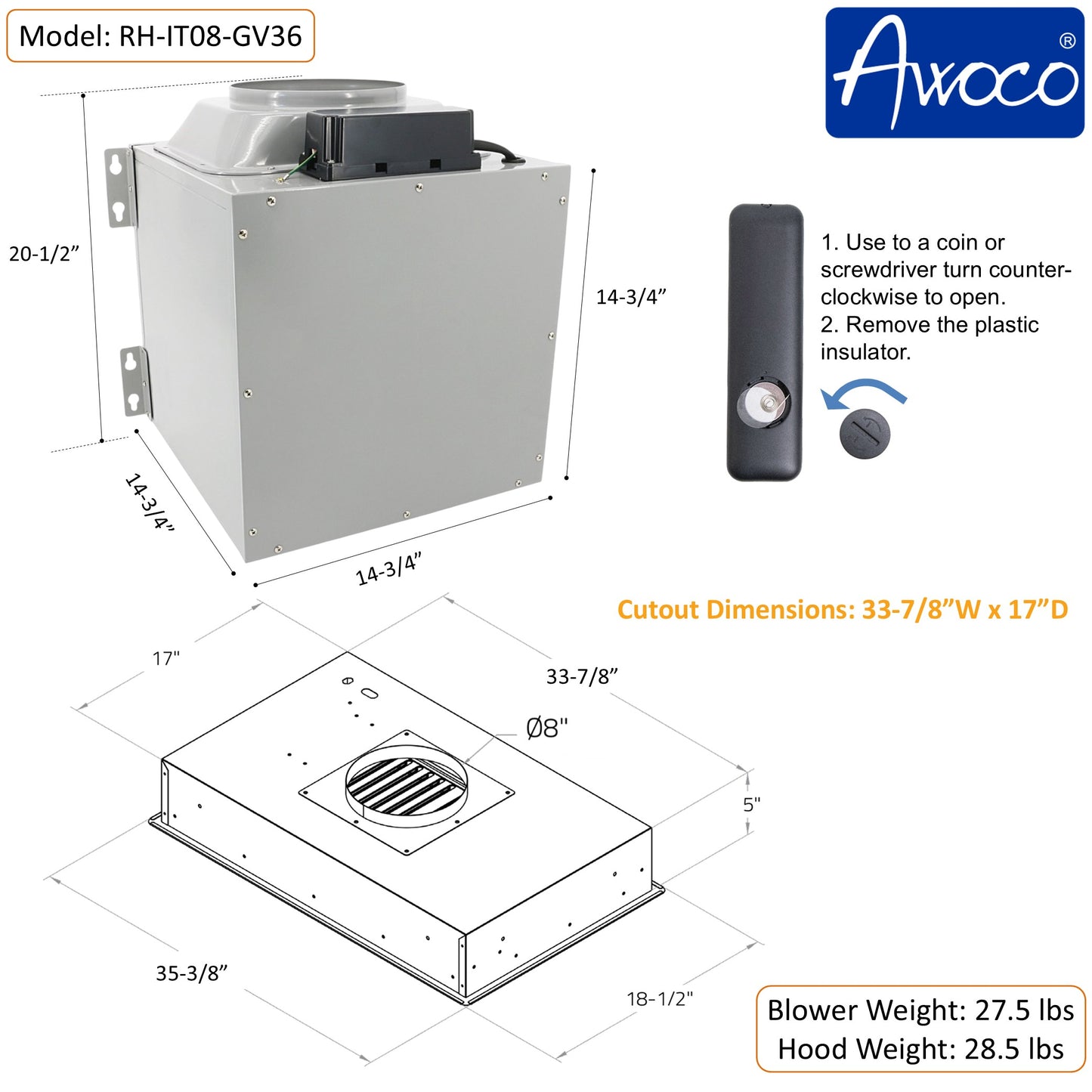 Awoco RH-IT08-GV 18.5”D Flush Ceiling Mount Split Insert Range Hood with Voice, Gesture, Touch, Remote Controls, 4-Speed 1000 CFM Stainless Steel Hood with 8” Round Vent LED Lights