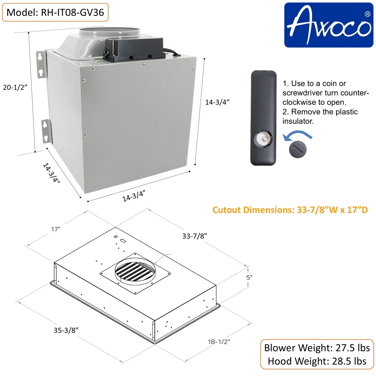 Awoco RH-IT08-GV 18.5”D Flush Ceiling Mount Split Insert Range Hood with Voice, Gesture, Touch, Remote Controls, 4-Speed 1000 CFM Stainless Steel Hood with 8” Round Vent LED Lights