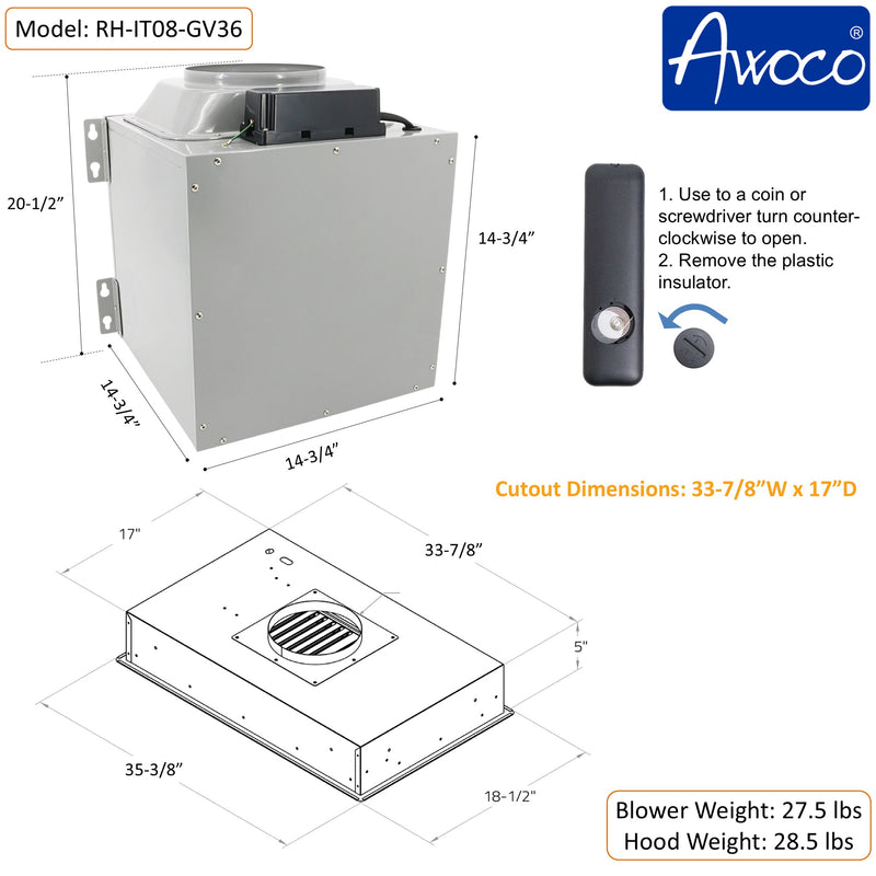 Awoco RH-IT08-GV 18.5”D Flush Ceiling Mount Split Insert Range Hood with Voice, Gesture, Touch, Remote Controls, 4-Speed 1000 CFM Stainless Steel Hood with 8” Round Vent LED Lights