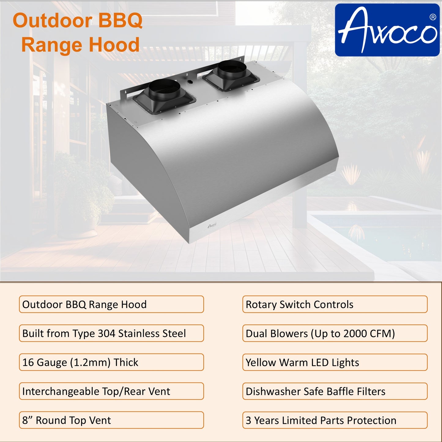 Awoco 48" Outdoor BBQ Vent Hood 18" High Type 304 Stainless Steel, 4 Speeds 2000 CFM, Dual Blowers, Adjustable LED Lights, 8” Round Top Vent