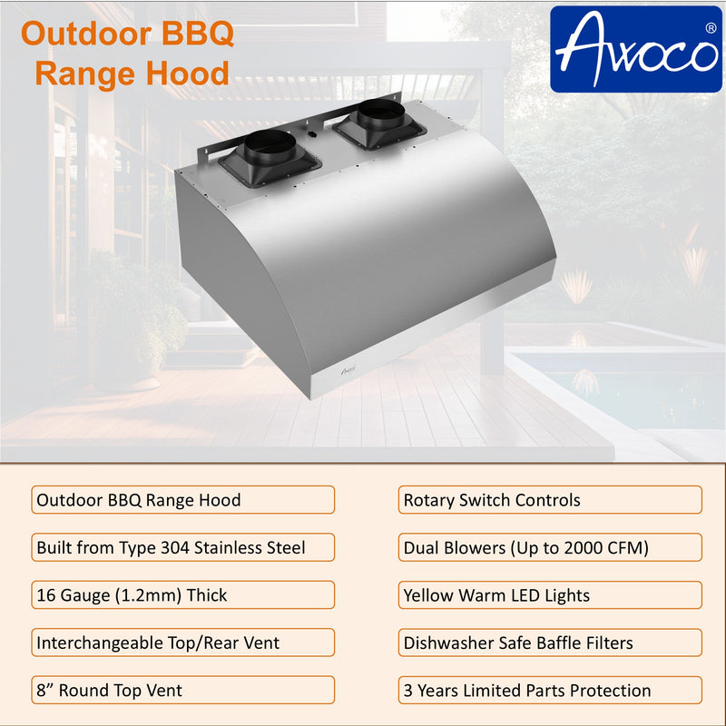 Awoco 48" Outdoor BBQ Vent Hood 18" High Type 304 Stainless Steel, 4 Speeds 2000 CFM, Dual Blowers, Adjustable LED Lights, 8” Round Top Vent