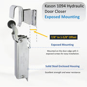 Kason 1094 Hydraulic Door Closer, Concealed or Exposed Mounting with Adjustable Wide Hook for Walk-In Coolers/Freezers