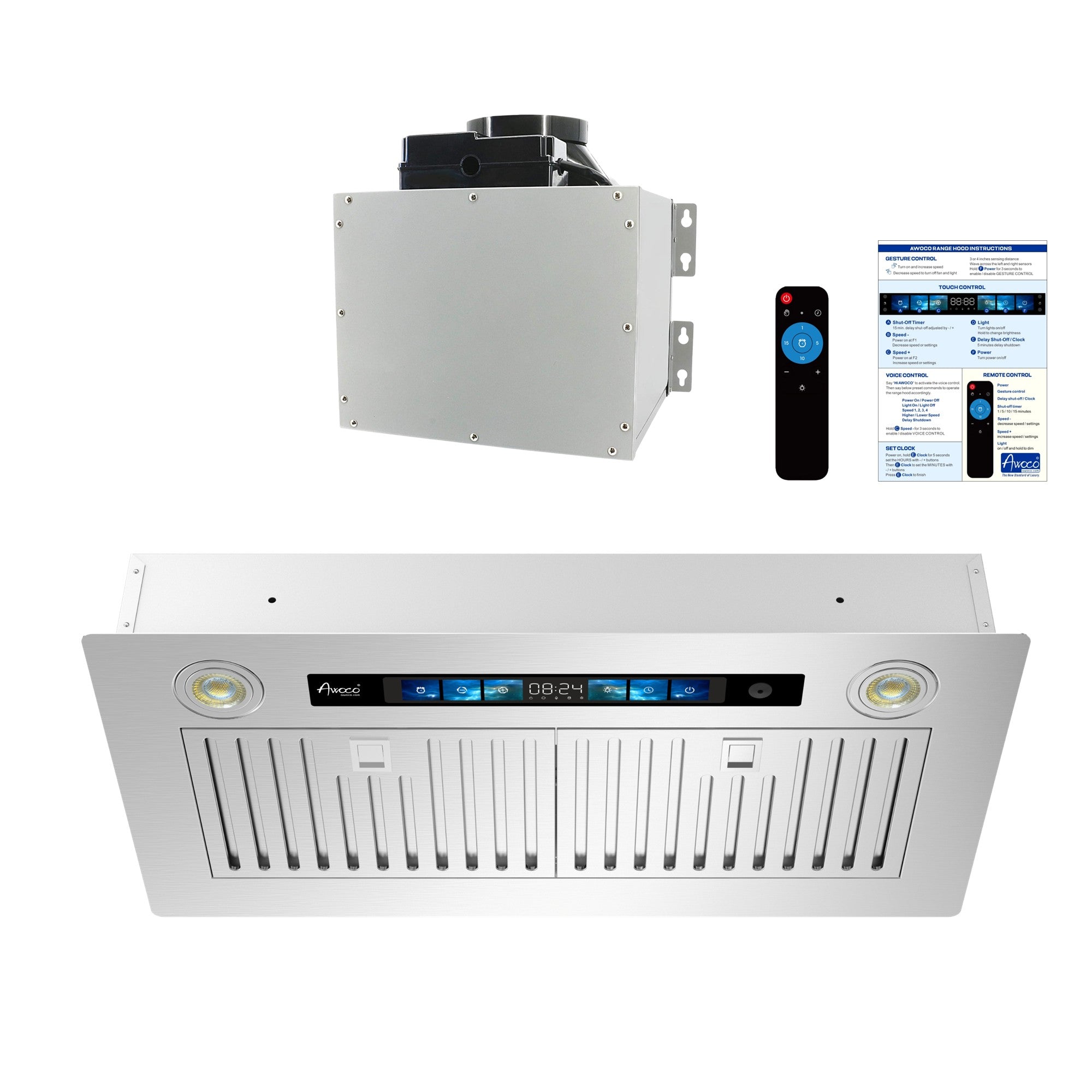 [Refurbished-A] Awoco RH-IT06 Split Quiet Ceiling Mount Range Hood - 6 Inch High Top Vent, 800 CFM, Voice/Gesture/Touch/Remote Control, 30" & 36"