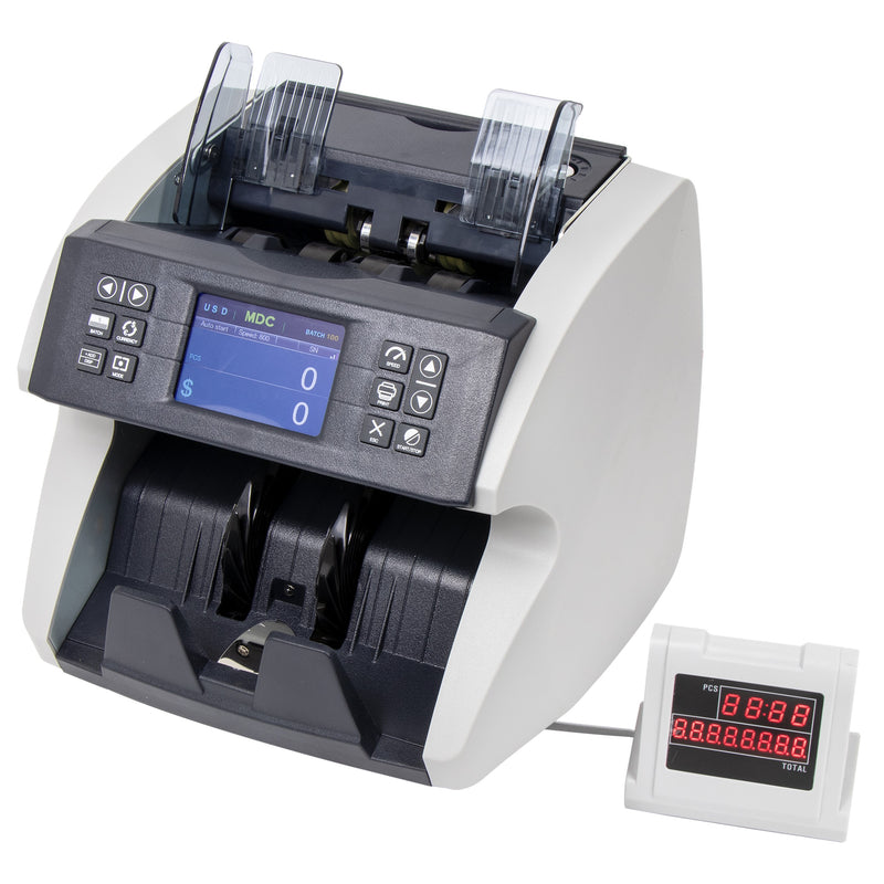Awoco Bank Grade Mixed Denomination Bill Money Counter with Full Counterfeit Detection - 6 Currency (USD, EUR, GBP, MXN, CAD, CNY) with External Display