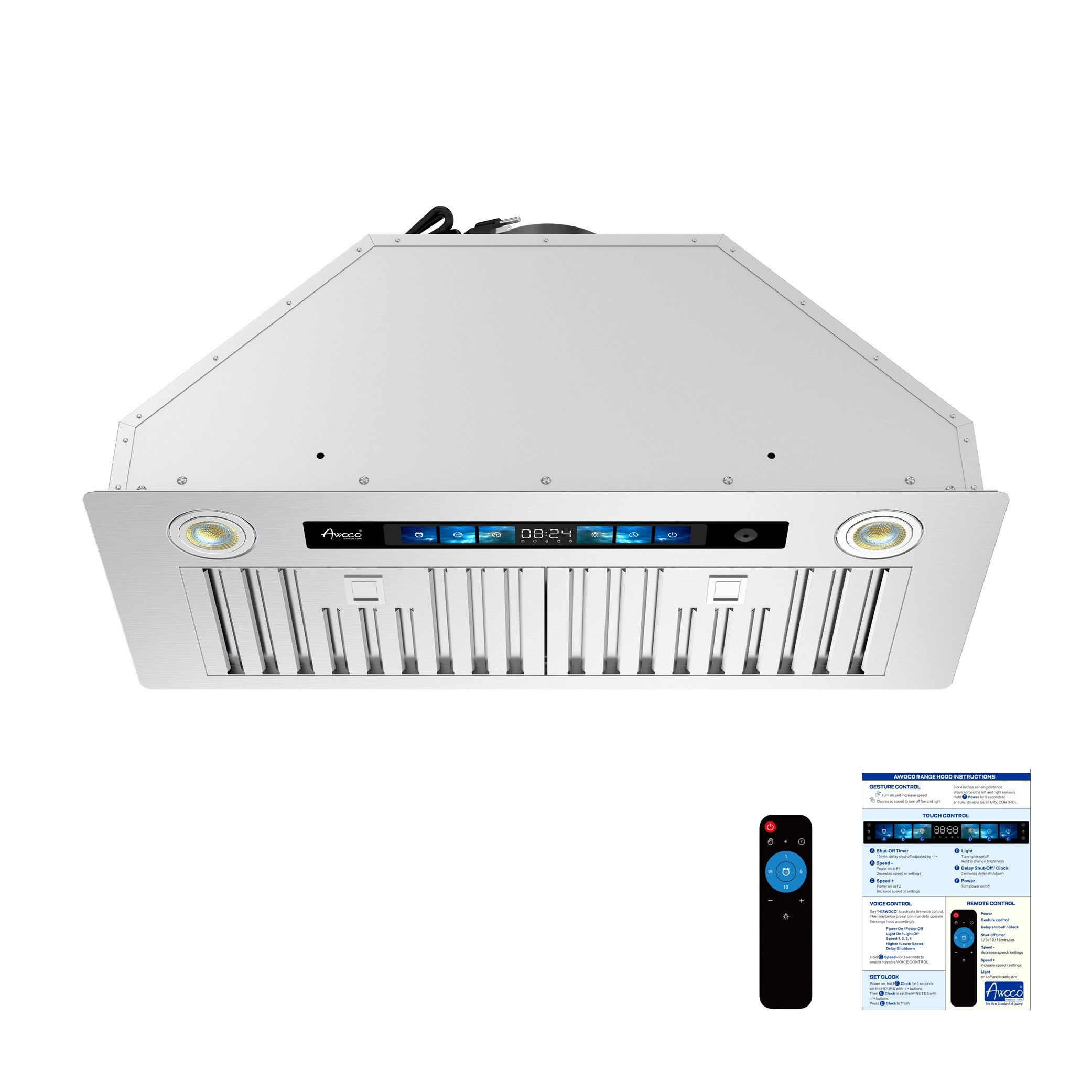 Awoco RH-BQ-V 11.75”D Built-in Insert Stainless Steel Range Hood, Kitchen Hood with 4-Speed Exhaust Fan, Voice, Gesture, Touch & Remote Controls, 6" Round Top Vent, 800 CFM, Dimmable LED Lights, Baffle Filters