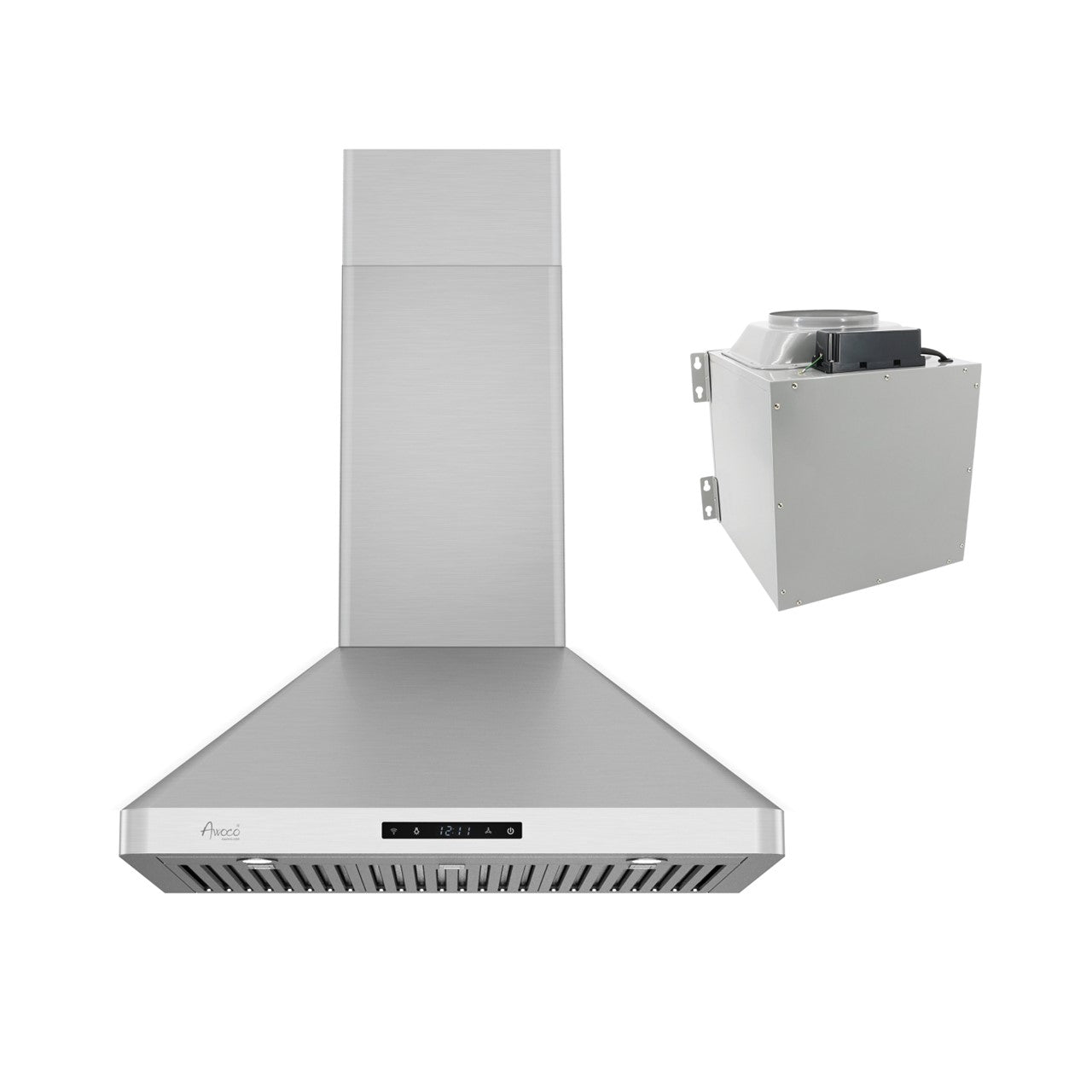 Awoco RH-WT-C Wall Mount Stainless Steel Range Hood, 3 Speeds, 1000CFM, 2 LED Lights, Remote Control, With 8” Blower Unit