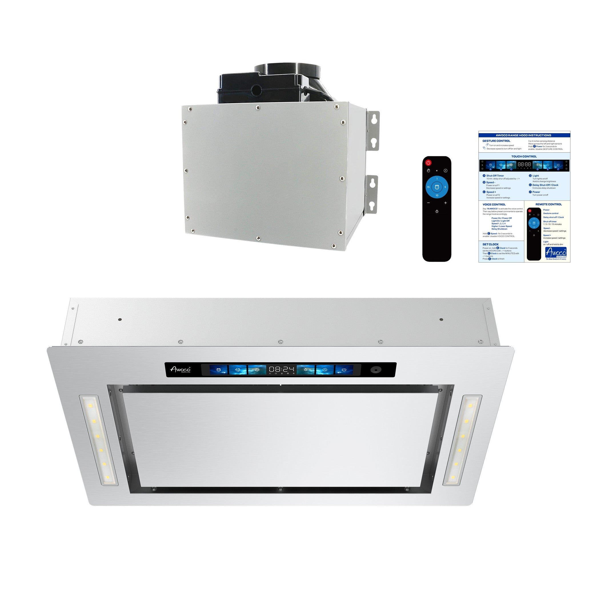 Awoco RH-IT06-GV 18.5”D Flush Ceiling Mount Split Insert Range Hood with Voice, Gesture, Touch, Remote Controls, 4-Speed 800 CFM Stainless Steel Hood with 6” Round Vent LED Lights