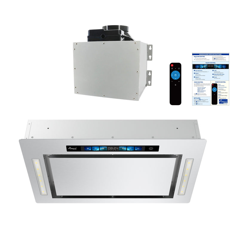 Awoco RH-IT06-GV 18.5”D Flush Ceiling Mount Split Insert Range Hood with Voice, Gesture, Touch, Remote Controls, 4-Speed 800 CFM Stainless Steel Hood with 6” Round Vent LED Lights