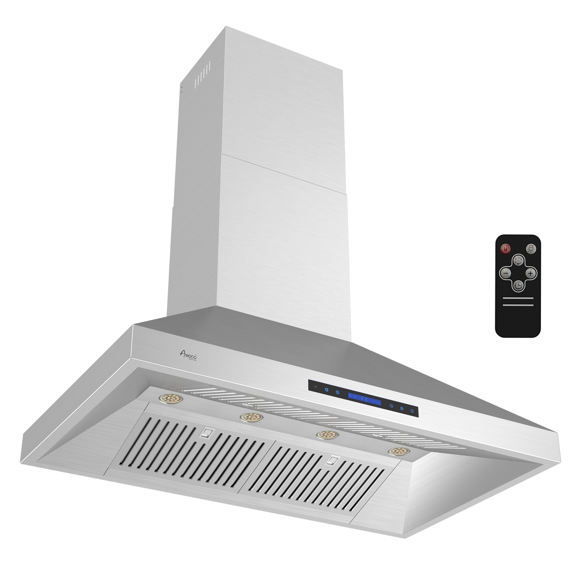 Awoco 48”W Indoor 27”D Wall Mount Range Hood with Touch & Remote Control, Stainless Steel 4 Speeds 1200 CFM Adjustable Chimneys 4 LED Lights 2 x 6” Round Top Vent