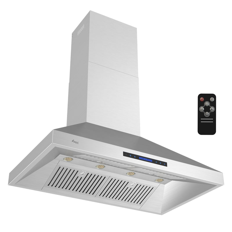 Awoco 48”W Indoor 27”D Wall Mount Range Hood with Touch & Remote Control, Stainless Steel 4 Speeds 1200 CFM Adjustable Chimneys 4 LED Lights 2 x 6” Round Top Vent