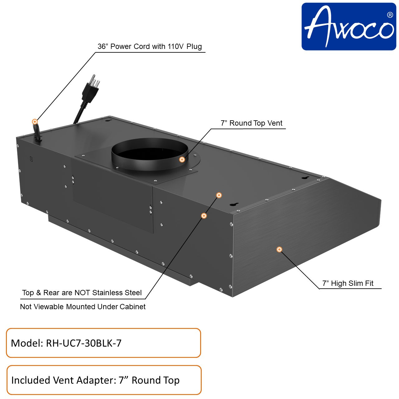 Awoco RH-UC7 30” Under Cabinet 7” High Stainless Steel Black Range Hood, 6 Speeds with Gesture Sensing Touch Control Panel, 900 CFM with Remote Control, 5W LED Light Bar