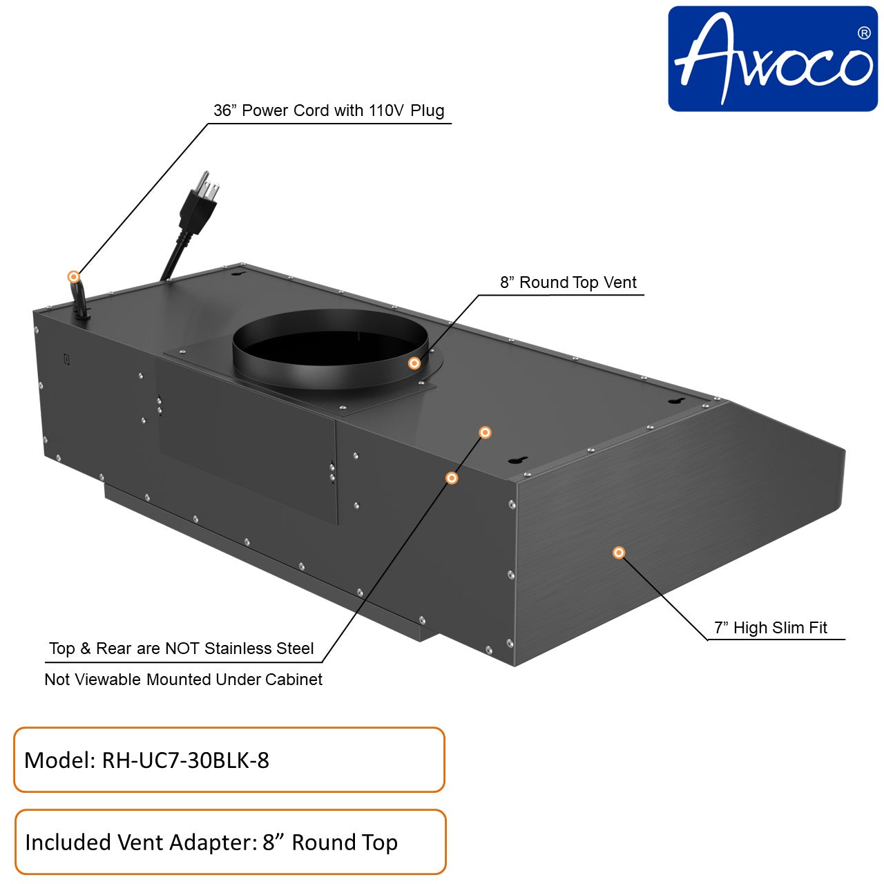 Awoco RH-UC7 30” Under Cabinet 7” High Stainless Steel Black Range Hood, 6 Speeds with Gesture Sensing Touch Control Panel, 900 CFM with Remote Control, 5W LED Light Bar