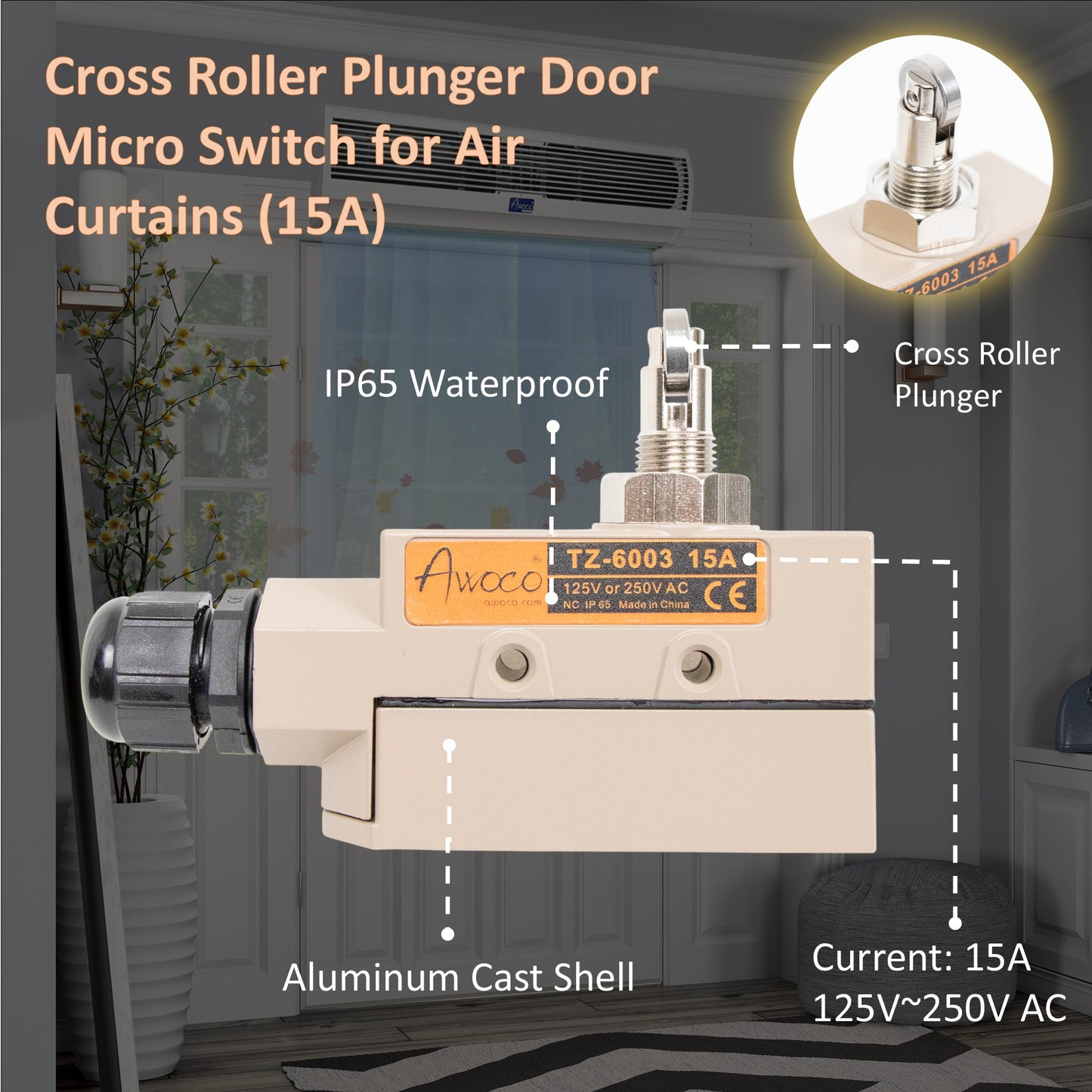 Awoco TZ-6003 Heavy Duty Commercial Door Micro Switch with Cross Roller Plunger for Air Curtains, 250V IP 65 Limit Switch Type NO and Type NC