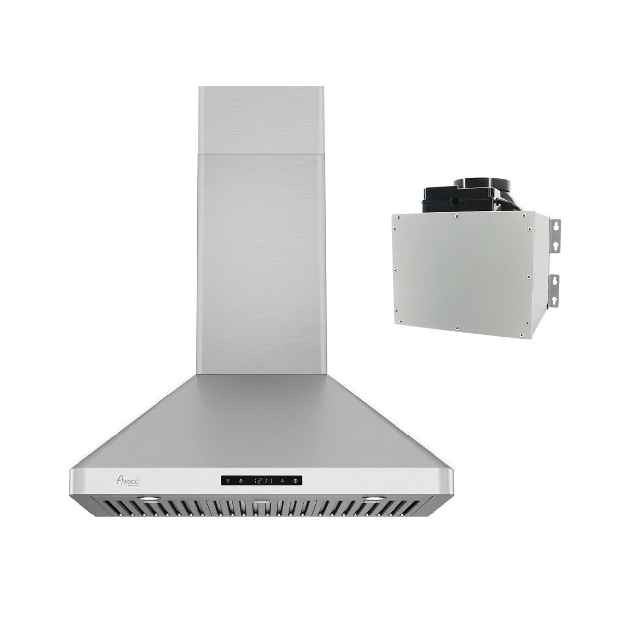 Awoco RH-WT-C Wall Mount Stainless Steel Range Hood, 3 Speeds, 800CFM, 2 LED Lights, Remote Control, With 6” Blower Unit