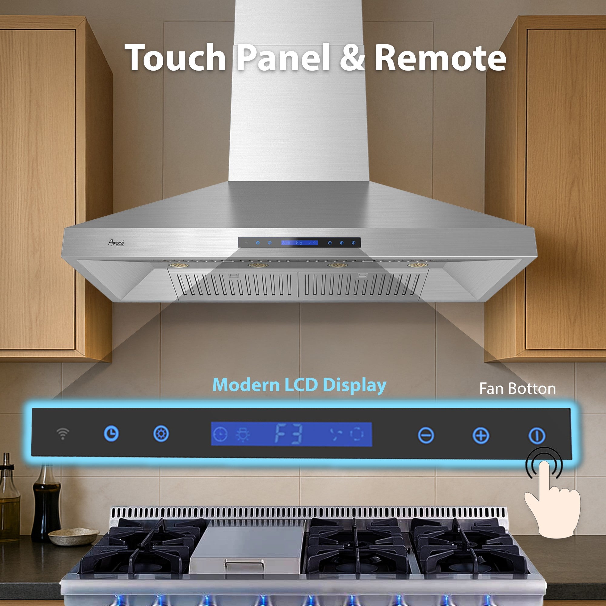 Awoco 48”W Indoor 27”D Wall Mount Range Hood with Touch & Remote Control, Stainless Steel 4 Speeds 1200 CFM Adjustable Chimneys 4 LED Lights 2 x 6” Round Top Vent