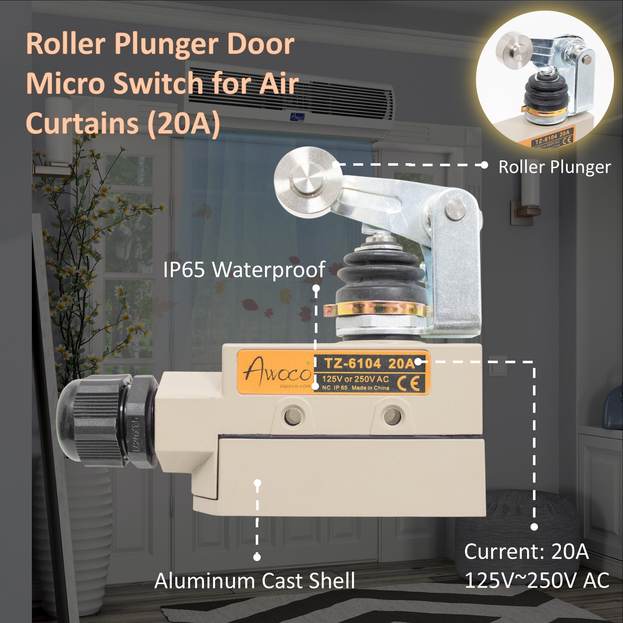 Awoco TZ-6104 Heavy Duty Commercial Door Micro Switch with Roller Plunger for Air Curtains, 250V 20A IP 65 Limit Switch Type NO and Type NC