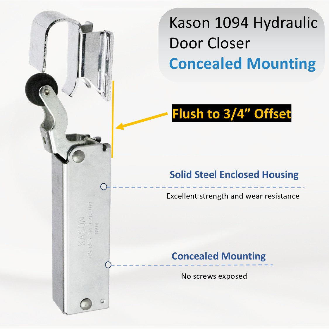 Kason 1094 Hydraulic Door Closer, Concealed or Exposed Mounting with Adjustable Wide Hook for Walk-In Coolers/Freezers