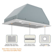 Awoco RH-BQ-R 14-1/2”D Built-in/Insert Stainless Steel Range Hood, 4-Speed, 650 CFM, LED Lights, Baffle Filters for Wood Hood