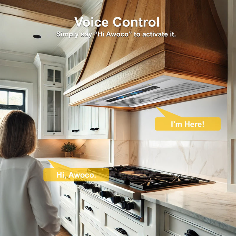 Awoco RH-BQ-XV Built-in Insert Stainless Steel Range Hood, Kitchen Hood with 4-Speed Exhaust Fan, Voice, Gesture, Touch & Remote Controls, 6" Round Top Vent, 800 CFM, Dimmable LED Lights, Baffle Filters