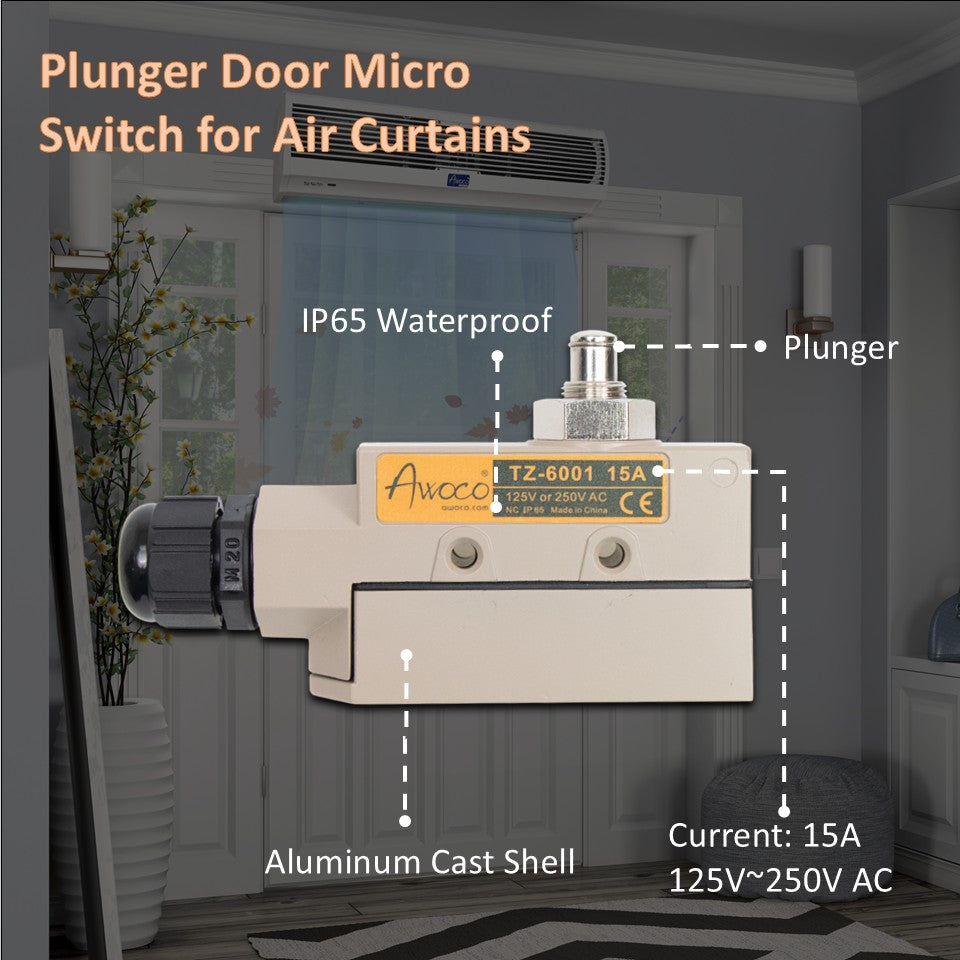 Awoco TZ-6001 Heavy Duty Commercial Plunger Door Micro Switch for Air Curtains, 250V IP 65 Limit Switch Type NO and Type NC