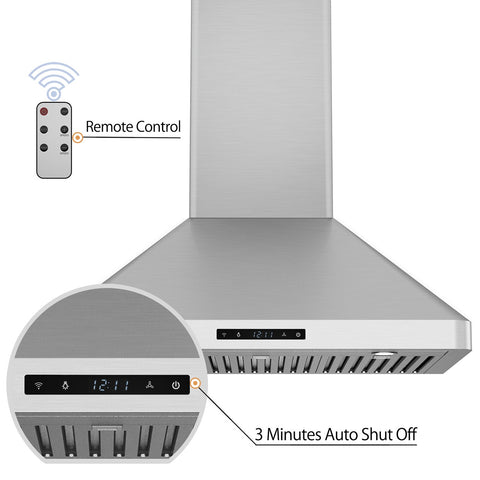 Awoco RH-WT-C Wall Mount Stainless Steel Range Hood, 3 Speeds, 1000CFM, 2 LED Lights, Remote Control, With 8” Blower Unit