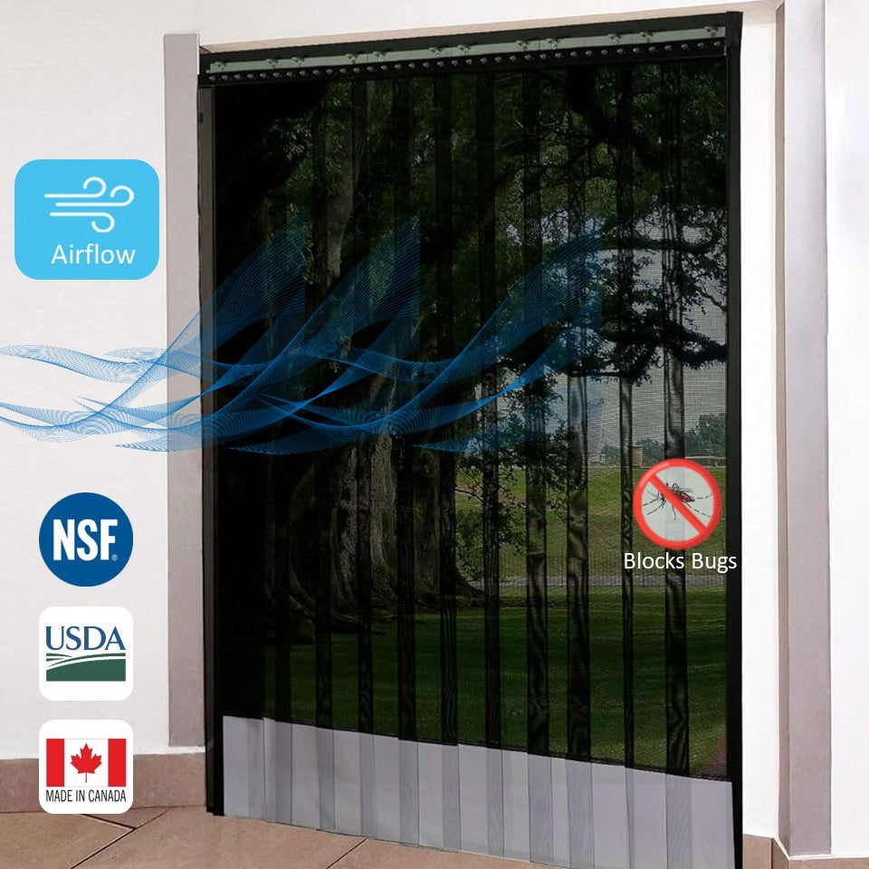 Aleco AirFlex Mesh Strip Curtain Kit, Black – Insect Barrier with 8" PVC-Coated Polyester Mesh Strips & MaxBullet Mounting – Allows Airflow, Blocks Bugs