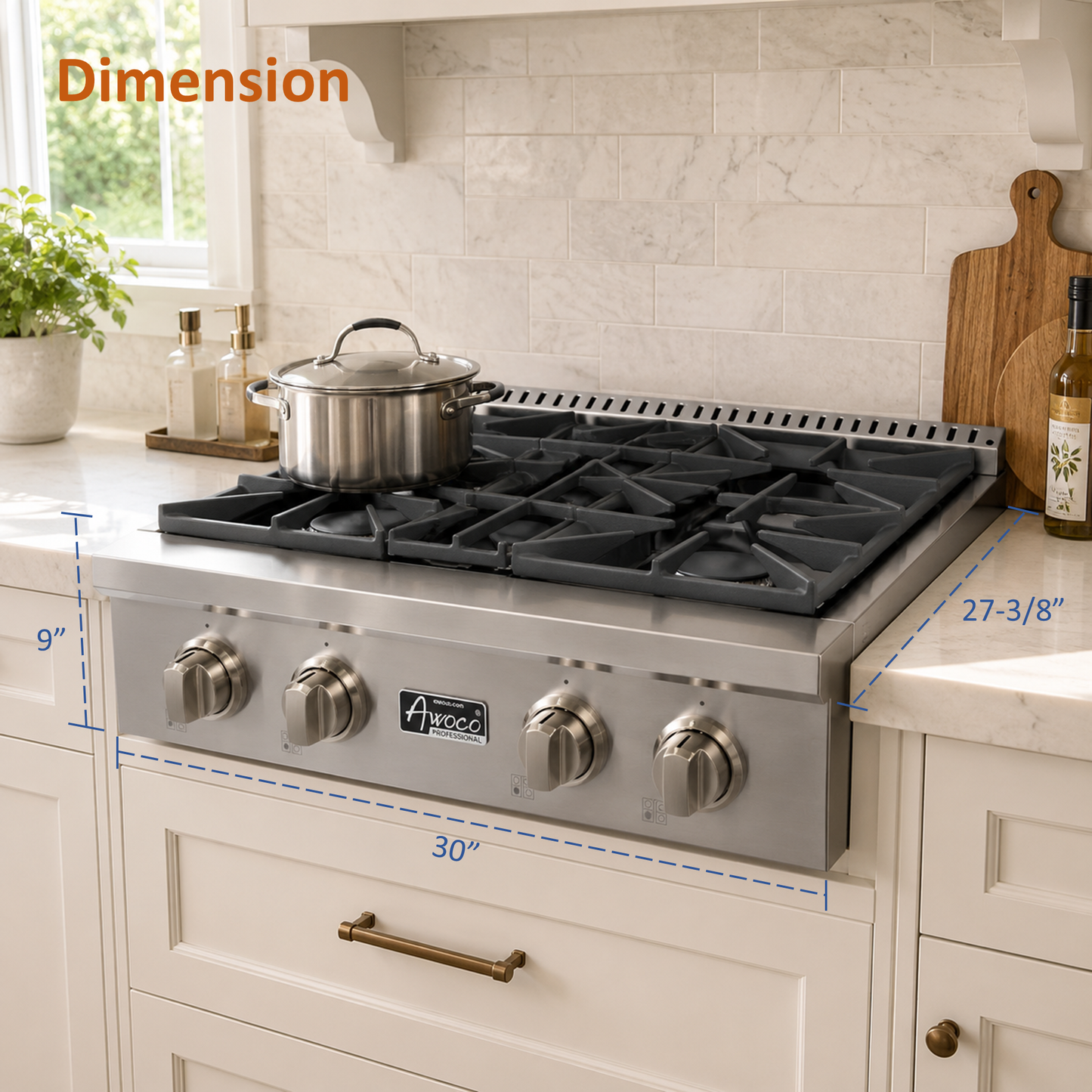 Awoco 30" Professional Stainless Steel Gas Cooktop Gas Rangetop | 48000 BTU, 4 Burners, LPG/NG Convertible, Cast Iron Grates, Zinc Alloy Knobs, ETL Certified