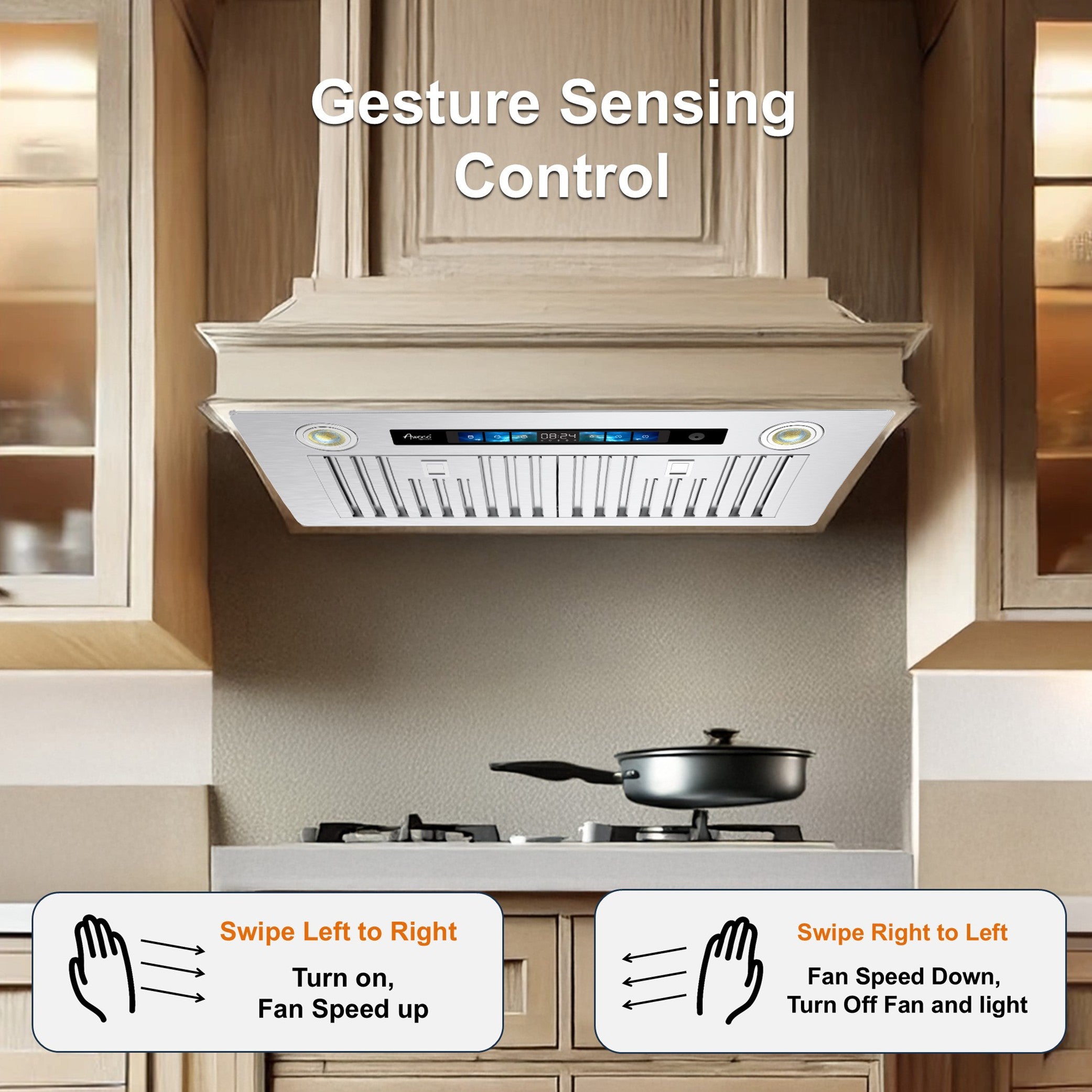 Awoco RH-BQ-V 11.75”D Built-in Insert Stainless Steel Range Hood, Kitchen Hood with 4-Speed Exhaust Fan, Voice, Gesture, Touch & Remote Controls, 6" Round Top Vent, 800 CFM, Dimmable LED Lights, Baffle Filters