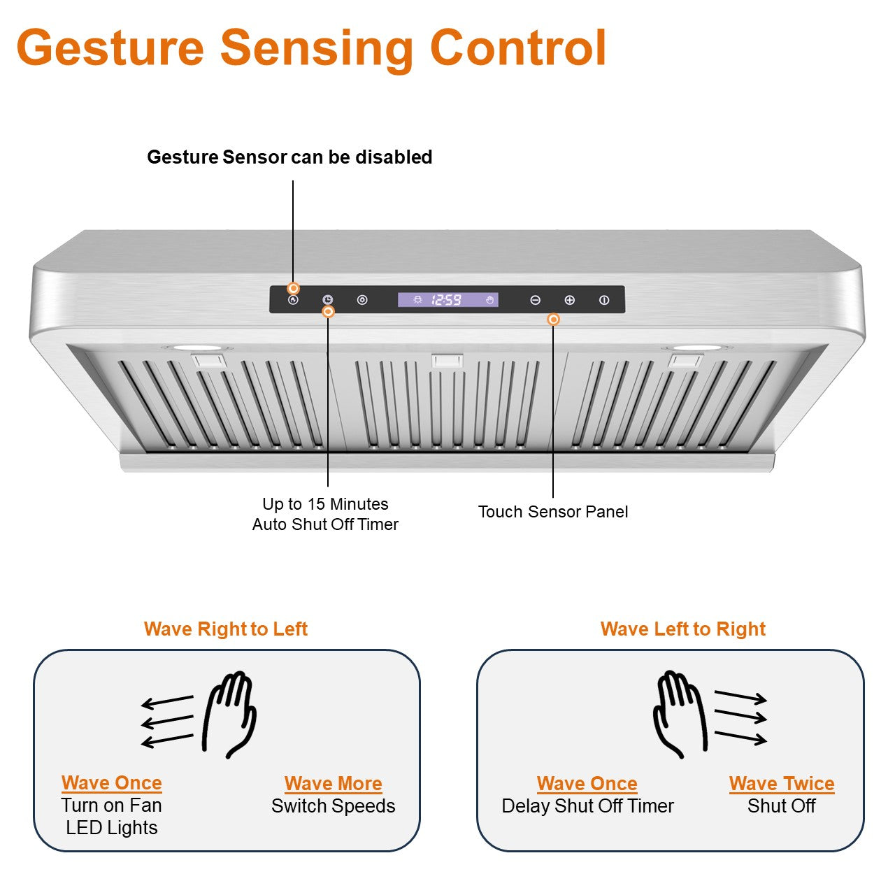 Awoco RH-S10-MS Under Cabinet Supreme 7” High Stainless Steel Range Hood, 4 Speeds with Gesture Sensing Touch Control Panel, 8” Round Top Vent, 1000 CFM with Remote Control & LED Lights