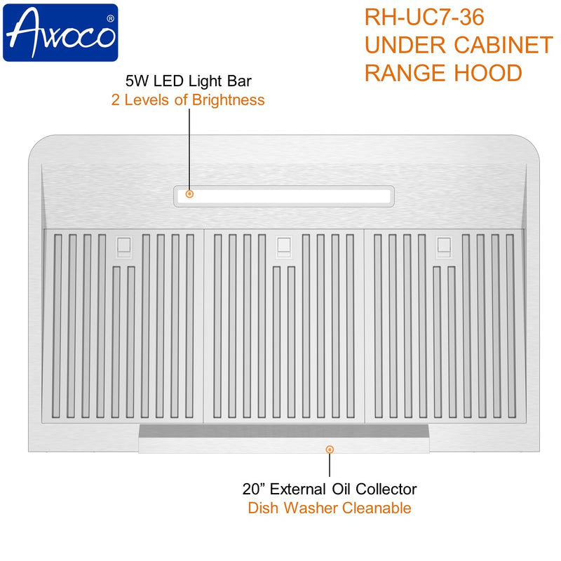 Awoco RH-UC7 36” Under Cabinet 7” High Stainless Steel Range Hood, 6 Speeds with Gesture Sensing Touch Control Panel, 900 CFM with Remote Control, 5W LED Light Bar