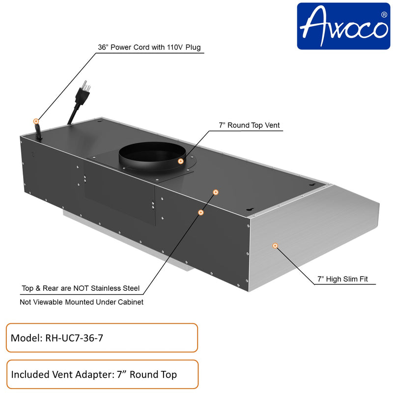 Awoco RH-UC7 36” Under Cabinet 7” High Stainless Steel Range Hood, 6 Speeds with Gesture Sensing Touch Control Panel, 900 CFM with Remote Control, 5W LED Light Bar