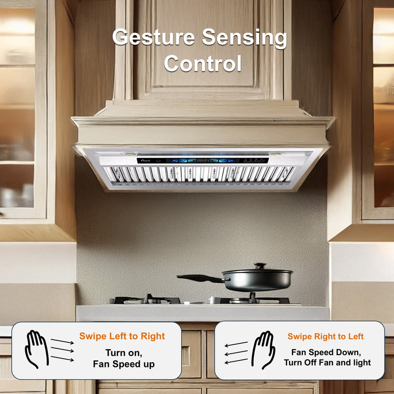 Awoco RH-BQ-XV Built-in Insert Stainless Steel Range Hood, Kitchen Hood with 4-Speed Exhaust Fan, Voice, Gesture, Touch & Remote Controls, 6" Round Top Vent, 800 CFM, Dimmable LED Lights, Baffle Filters