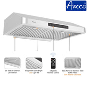 Awoco RH-UC7 30" Under Cabinet 7” High Stainless Steel Range Hood, 6 Speeds with Gesture Sensing Touch Control Panel, 900 CFM with Remote Control, 5W LED Light Bar