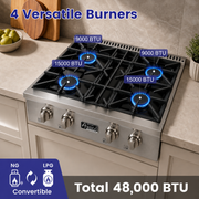 Awoco 30" Professional Stainless Steel Gas Cooktop Gas Rangetop | 48000 BTU, 4 Burners, LPG/NG Convertible, Cast Iron Grates, Zinc Alloy Knobs, ETL Certified