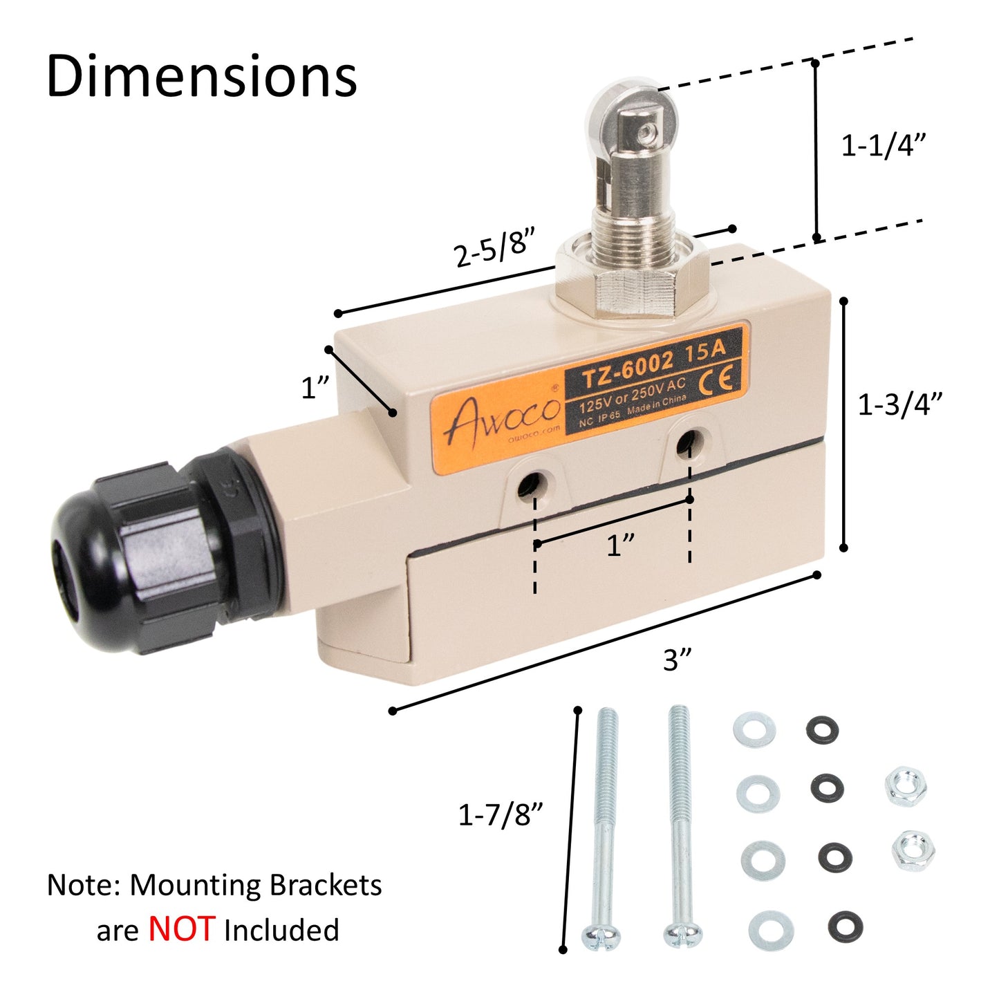 Awoco TZ-6002 Heavy Duty Commercial Door Micro Switch with Parallel Roller Plunger for Sliding Doors/Windows for Air Curtains, 250V IP 65 Limit Switch Type NO and Type NC