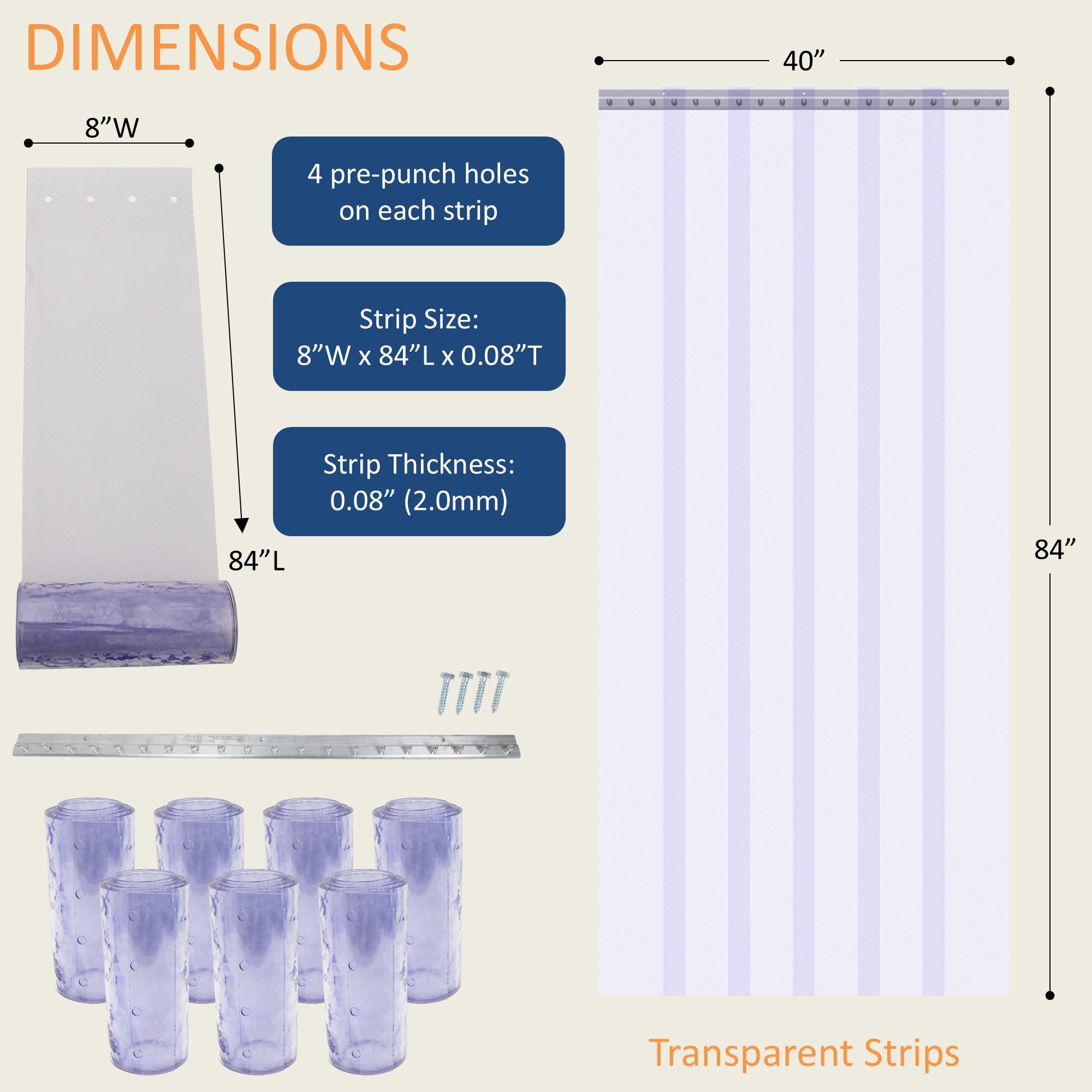 Aleco 40"W x 84"H Clear-Flex II Standard Smooth Cooler Strip Curtain Door Kit with Aluminum MaxBullet Mounting Hareware NSF/USDA  7 pcs 8" x 84" x 0.08" Vinyl Curtain Strips, -10°F to 150°F