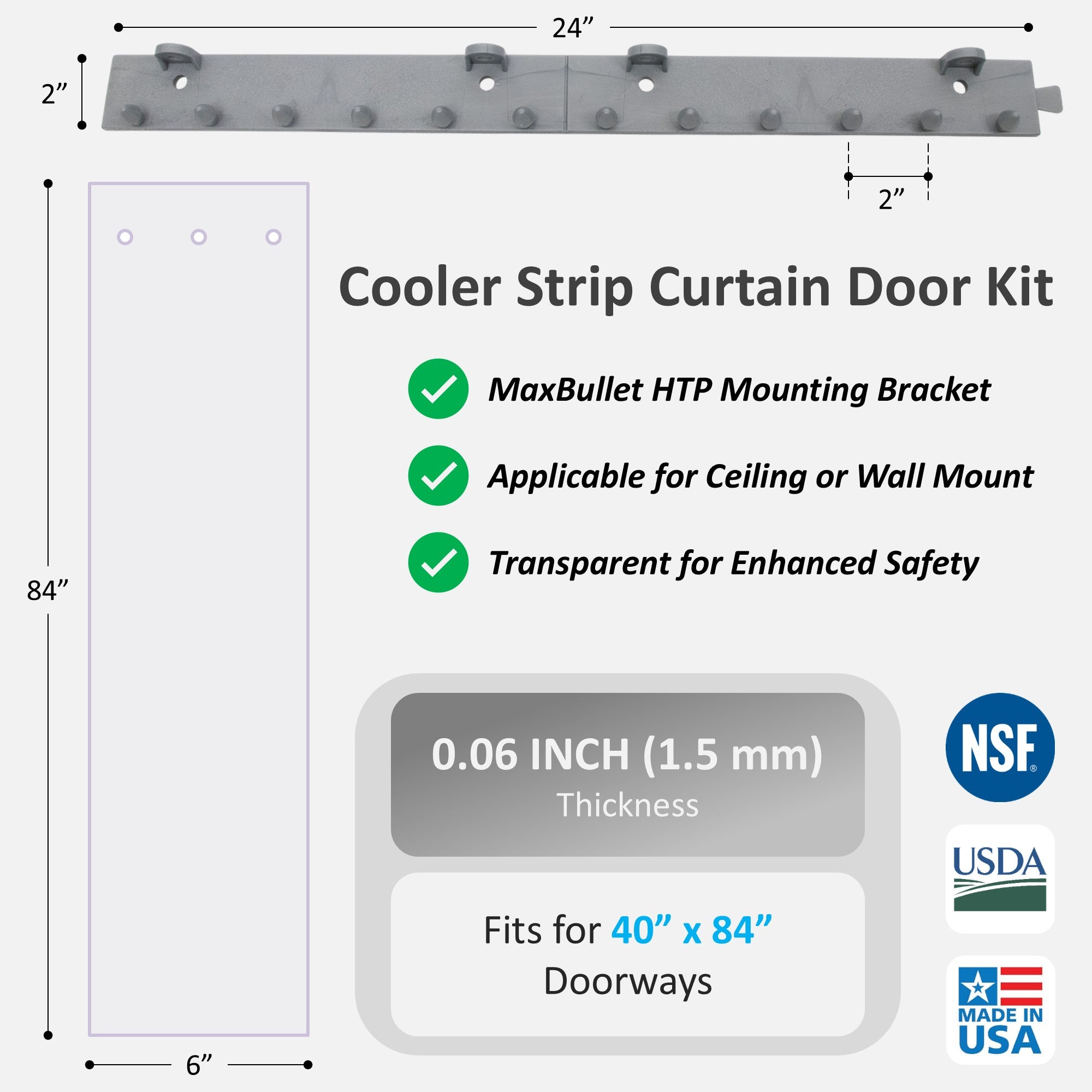 Aleco 40"W x 84"H x 0.06" Thick Clear-Flex II Cooler Strip Curtain Door Kit with MaxBullet HTP Mounting Hardware, 6" Standard Smooth Vinyl Strips for Restaurant, Office, Store or Warehouse Entrances