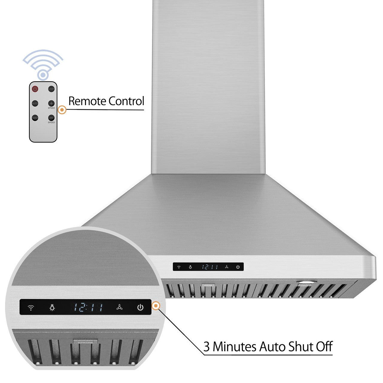 Awoco RH-WT-C Wall Mount Stainless Steel Range Hood, 3 Speeds, 800CFM, 2 LED Lights, Remote Control, With 6” Blower Unit