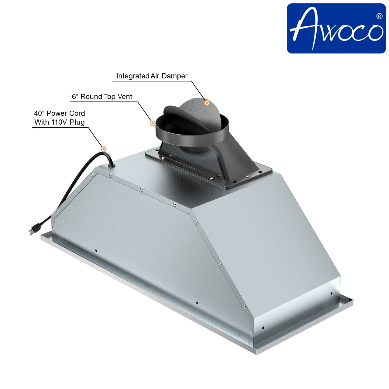 Awoco RH-BQ-R 14-1/2”D Built-in/Insert Stainless Steel Range Hood, 4-Speed, 650 CFM, LED Lights, Baffle Filters for Wood Hood