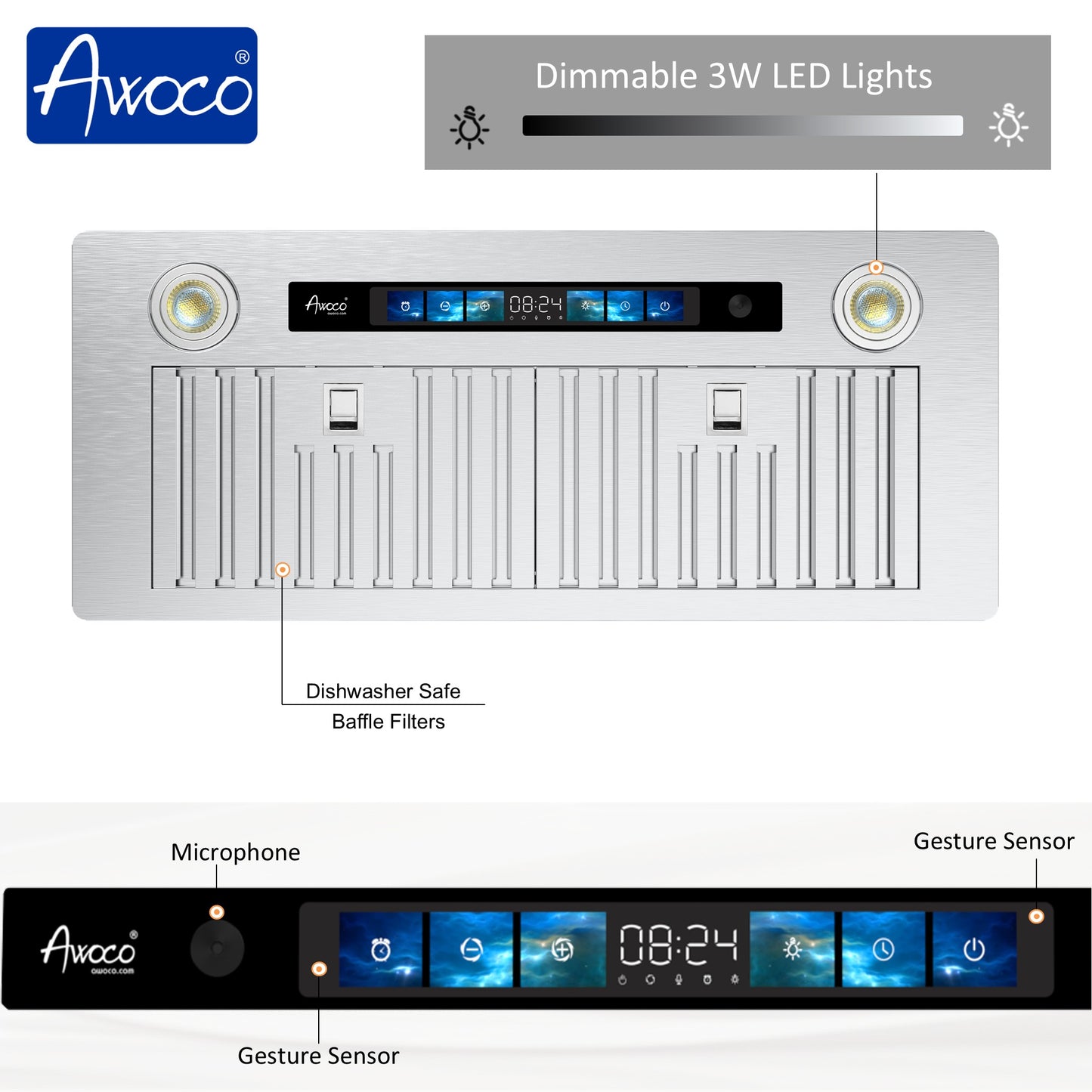 Awoco RH-BQ-V 11.75”D Built-in Insert Stainless Steel Range Hood, Kitchen Hood with 4-Speed Exhaust Fan, Voice, Gesture, Touch & Remote Controls, 6" Round Top Vent, 800 CFM, Dimmable LED Lights, Baffle Filters